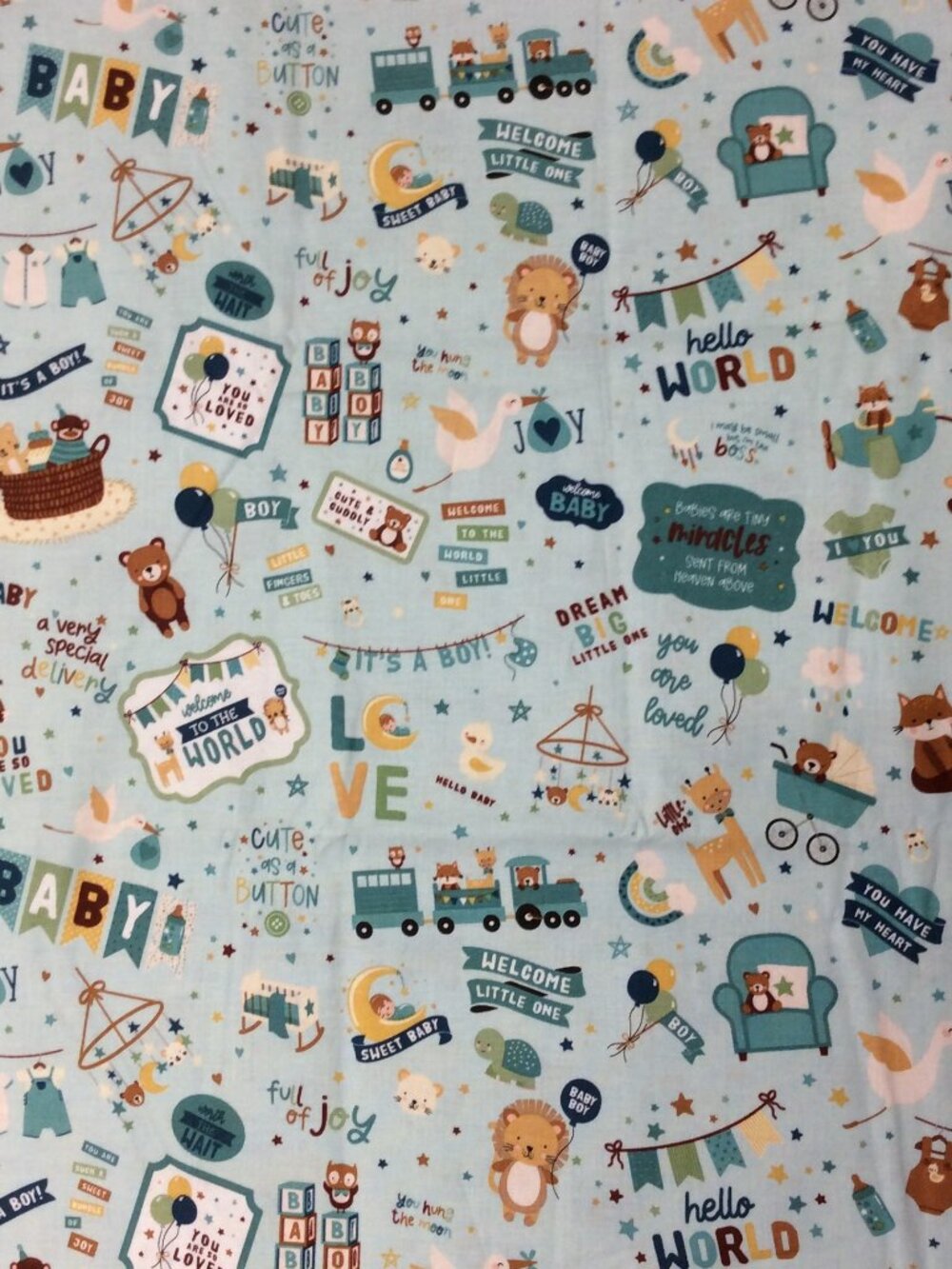 Riley Blake Fabric Baby Boy 2025 Blue Green Background 1 yd 21" Hello World